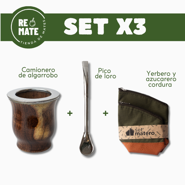 SET X3 CAMIONERO ALGARROBO LAQUEADO + BOMBILLA + YERBERO Y AZUCARERO
