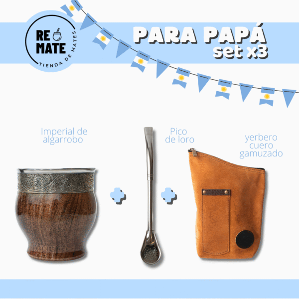 SET X3 IMPERIAL DE ALGARROBO + BOMBILLA + YERBERO GAMUZA