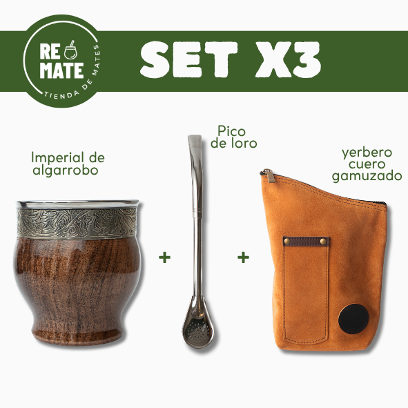 SET X3 IMPERIAL DE ALGARROBO + BOMBILLA + YERBERO GAMUZA